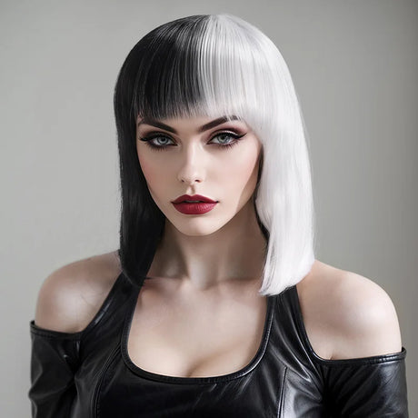 Cosplay Halloween Party Wigs CRUELLA Deville De Vil Black White With Bangs Short Bob Hair for Women Heat-Resistant Synthetic Wig