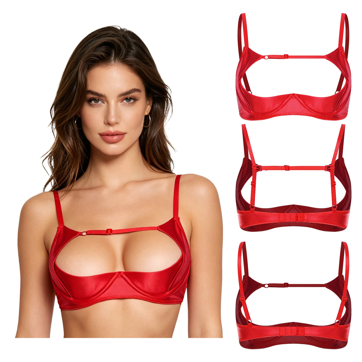 Womens Satiny 1/4 Cup Bra Solid Cut Out Adjustale Straps Underwired Shelf Bra Hollow Out Supportive Balconette Bra Underwear