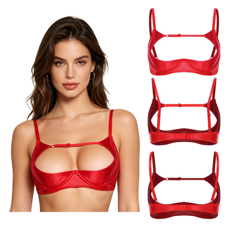 Womens Satiny 1/4 Cup Bra Solid Cut Out Adjustale Straps Underwired Shelf Bra Hollow Out Supportive Balconette Bra Underwear