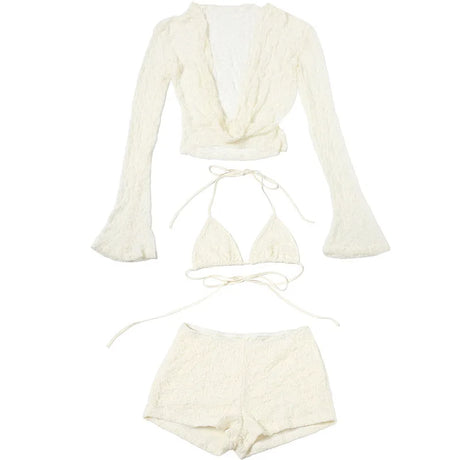 Women's Summer Solid Lace Cami Bra Cowl Neck Long Sleeve Top Shorts Set Fashion Casual Outfit Two Piece Set Women Sexy Club