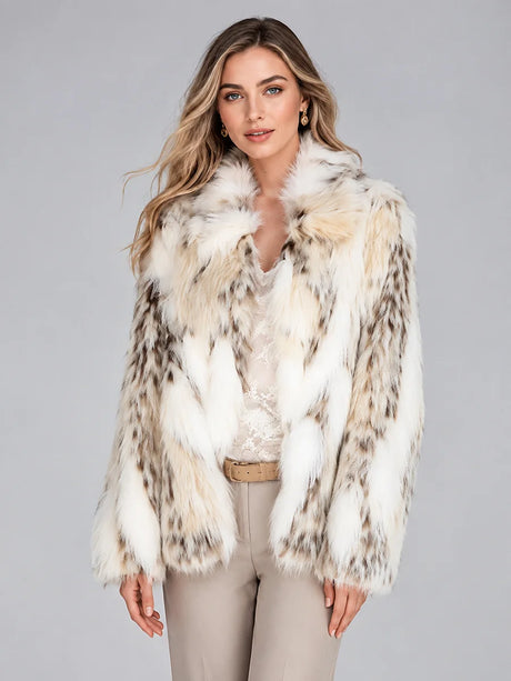 LIMO Women White Grey Spotted Faux Fur Notch  Open Front Long Sleeve Cropped Fluffy Warm Winter Loose Fashion Daily Coat