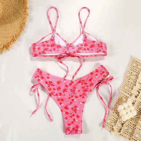 Swimwear Woman 2026 Bikini Floral Print Sleeveless Top Bikinis Tie Side Bottom Swimsuit High Cut Adjustable Straps Two Piece