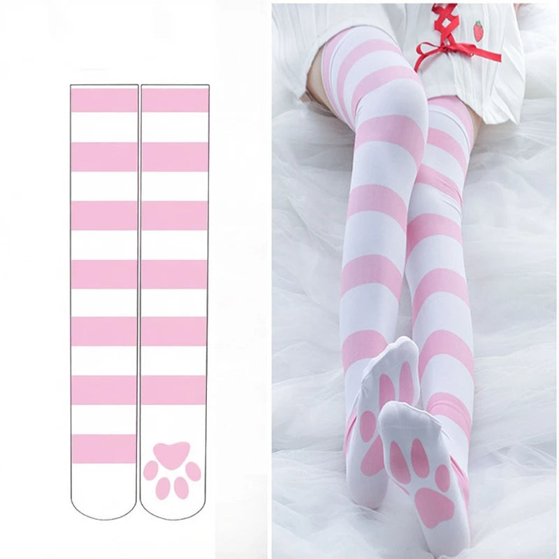 Lolita Over Knee Socks Pink Strip Kawaii Cat Paw Print Stockings Lolita Gothic Velvet Over The Knee Thigh High JK Long Stockings