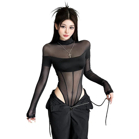 Sexy See Through Bodysuit Women Dark Gothic Streetwear Emo Alternative Grunge Y2k Long Sleeve O-neck High Waist Jumpsuit
