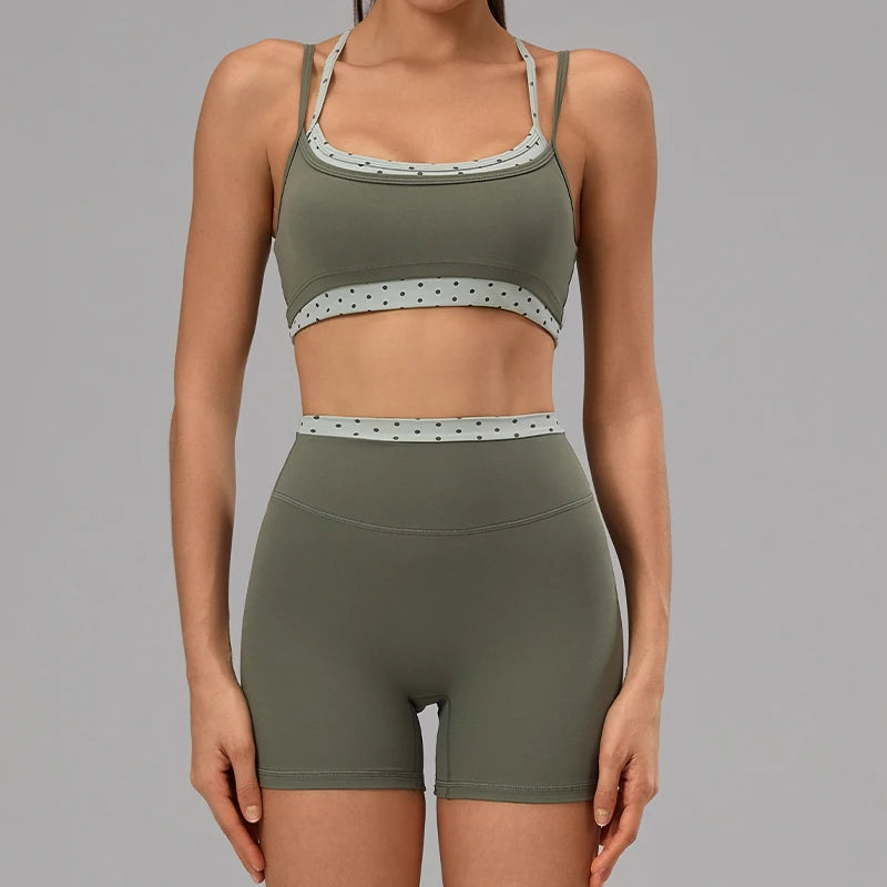 Hearuisavy 2Pcs Fitness Set Women Polka Dot Cross Back Sports Bra High Waisted Push Up Shorts Gym Quick Dry Workout Yoga Suit