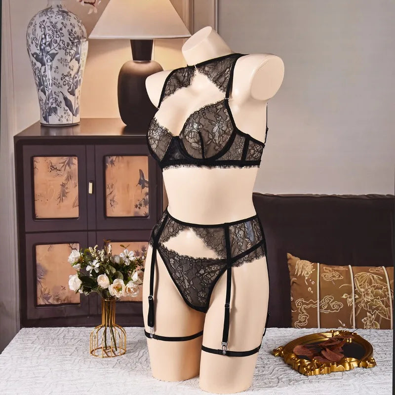 Women's Black Lace Lingerie Set Underwire Bra Thong Panty Garter Straps Choker Gloves Floral Embroidery Sexy Underwear Outfit