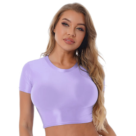 Womens Glossy Two-piece Outfit Oil Shiny Smooth High Waist Mini Skirt with Tank Top Nightclub Rave Outfit Pole Dancing Clubwear