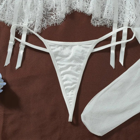 Women's White Corset Lingerie Set 4 Piece Underwire Dress Thong Panty Lace Gloves Stockings Sexy Nightwear Set Elegant Stretchy