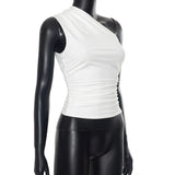 Solid Color One Shoulder Backless Shrink Tank Top T-Shirt Candy Color Tight Sexy Sleeveless Neckless Slim Casaul Top