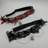 Dark Lolita Red Black Lace Crown Thigh Garter Gothic Bowknot Leg Chain JK Elastic Adjustable Thigh Ring Leg Harness Accessory
