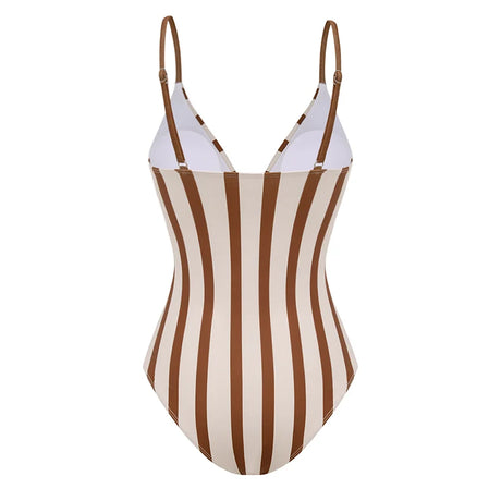 Flaxmaker Summer Sexy V Neck Vintage Printed Swimsuit Set Retro Brown stripes Printed Swimwear And Skirt Biquini conjunto de