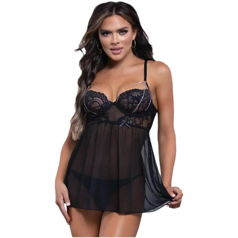 Women Sexy Erotic Costumes Crotchless Sleepwear Pajamas Lace Night Dress Exotic Female Underwear Nightgown G-string