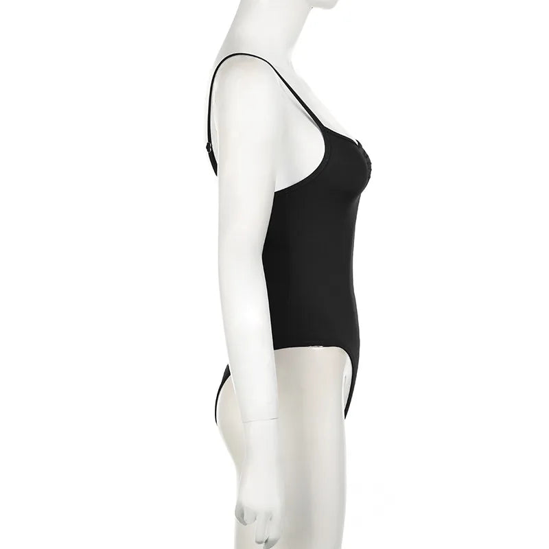 Women's Sleeveless Skinny Shirring Bodysuit Spaghetti Strap Black Solid Simple Basic Sexy Camisole for Vacation