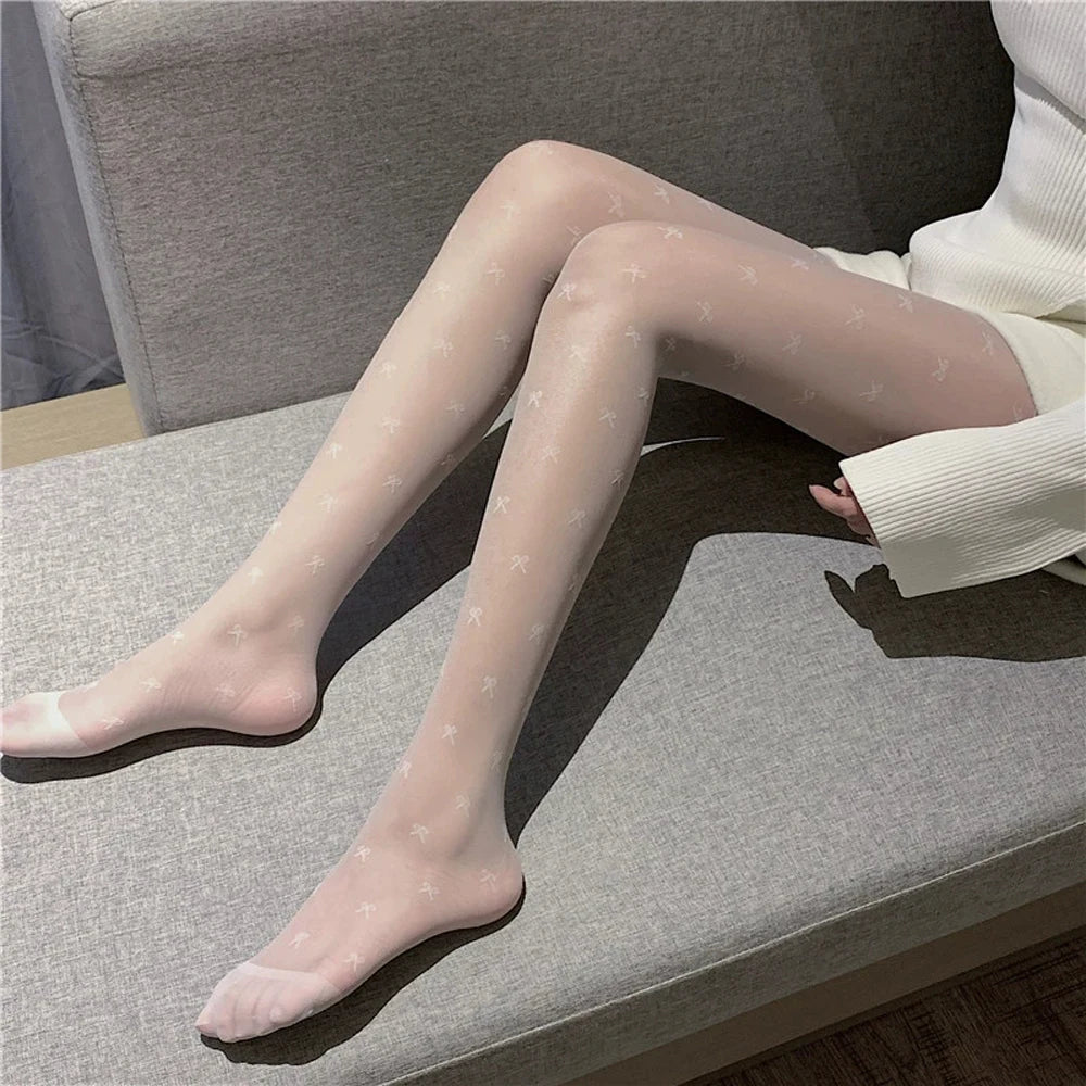New Fashion Women Pantyhose Tights Sexy Stocking Bow Knot Tight for Ladies Black and White Thin Transparent Socks