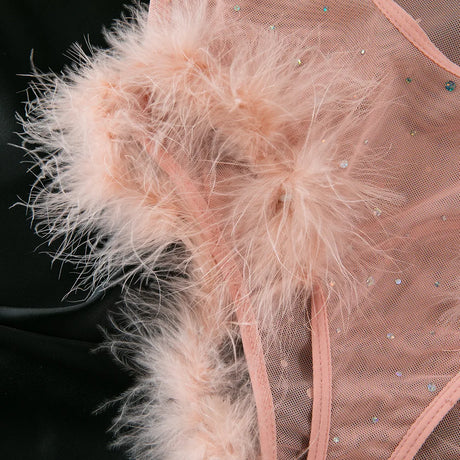 Women's Lingerie Bodysuit Rhinestone Mesh Feather Trim Sheer Teddy With Gloves Set  Sleepwear Nightwear Party Clubwear Outfit