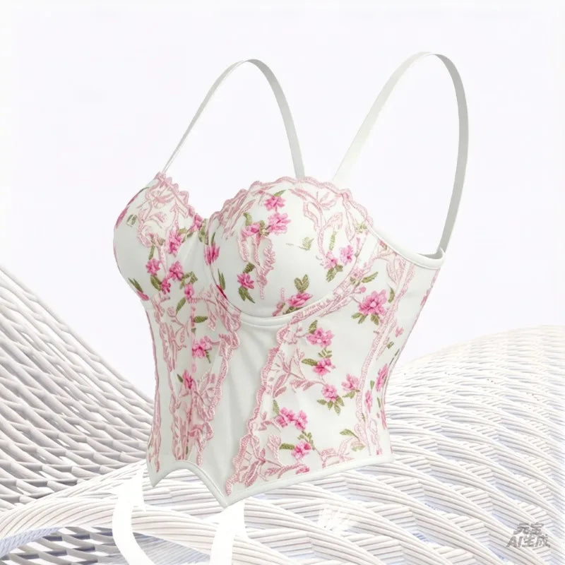Retro White Mesh Corset Women Gothic Thin Strap Sweetheart Pink Floral Embroidery Waist Shaper Elegant Wear