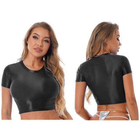 Womens Glossy Two-piece Outfit Oil Shiny Smooth High Waist Mini Skirt with Tank Top Nightclub Rave Outfit Pole Dancing Clubwear