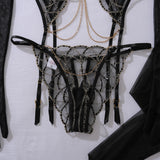 Ellolace Romantic Women's Lingerie Sets Elegant Chains Bra Belt Thong 3PC with Gloves Stockings Shiny Intimate Honey Underwear
