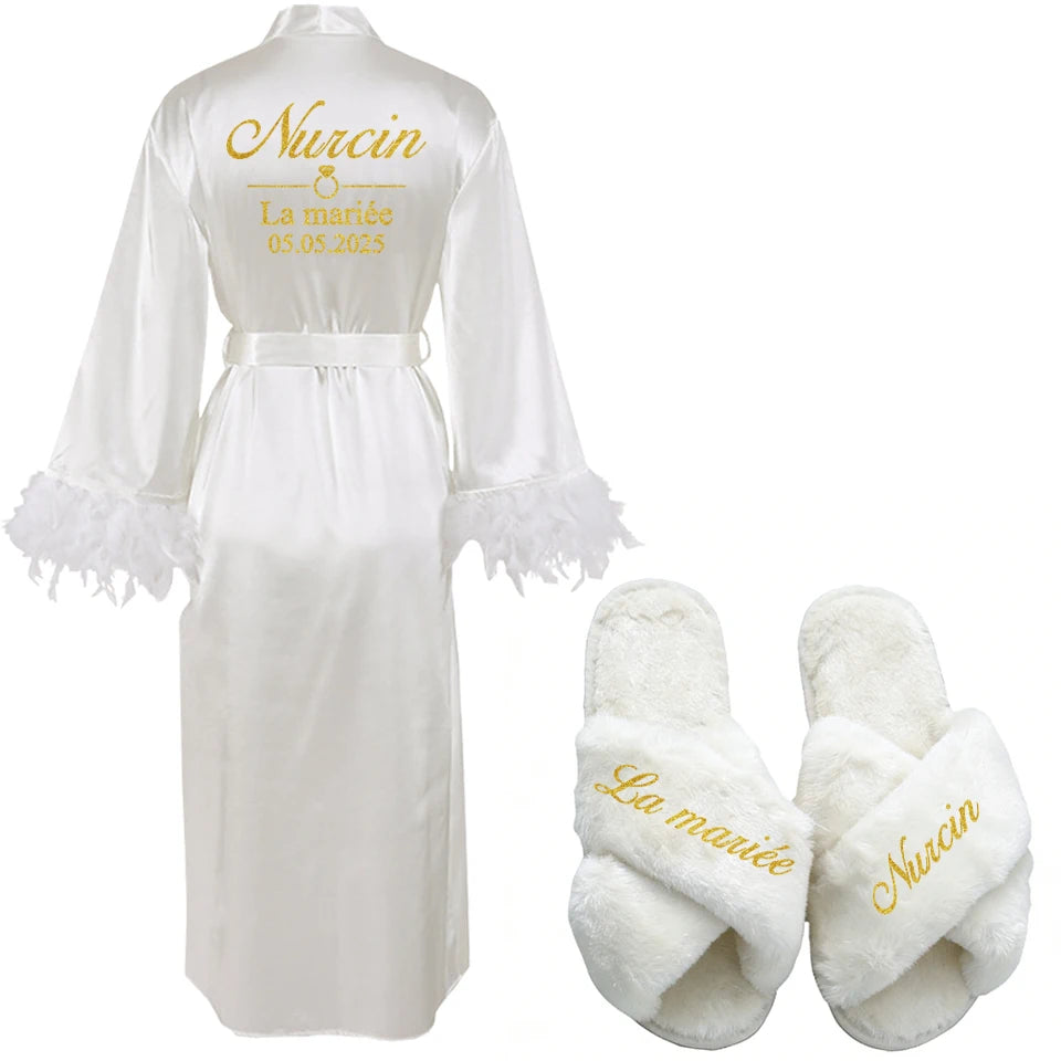Customized Bathrobe for Women Personalized Name And Date Robe Add Any Text Gown for Bridal Party Feather Bride Robes