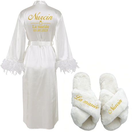 Customized Bathrobe for Women Personalized Name And Date Robe Add Any Text Gown for Bridal Party Feather Bride Robes