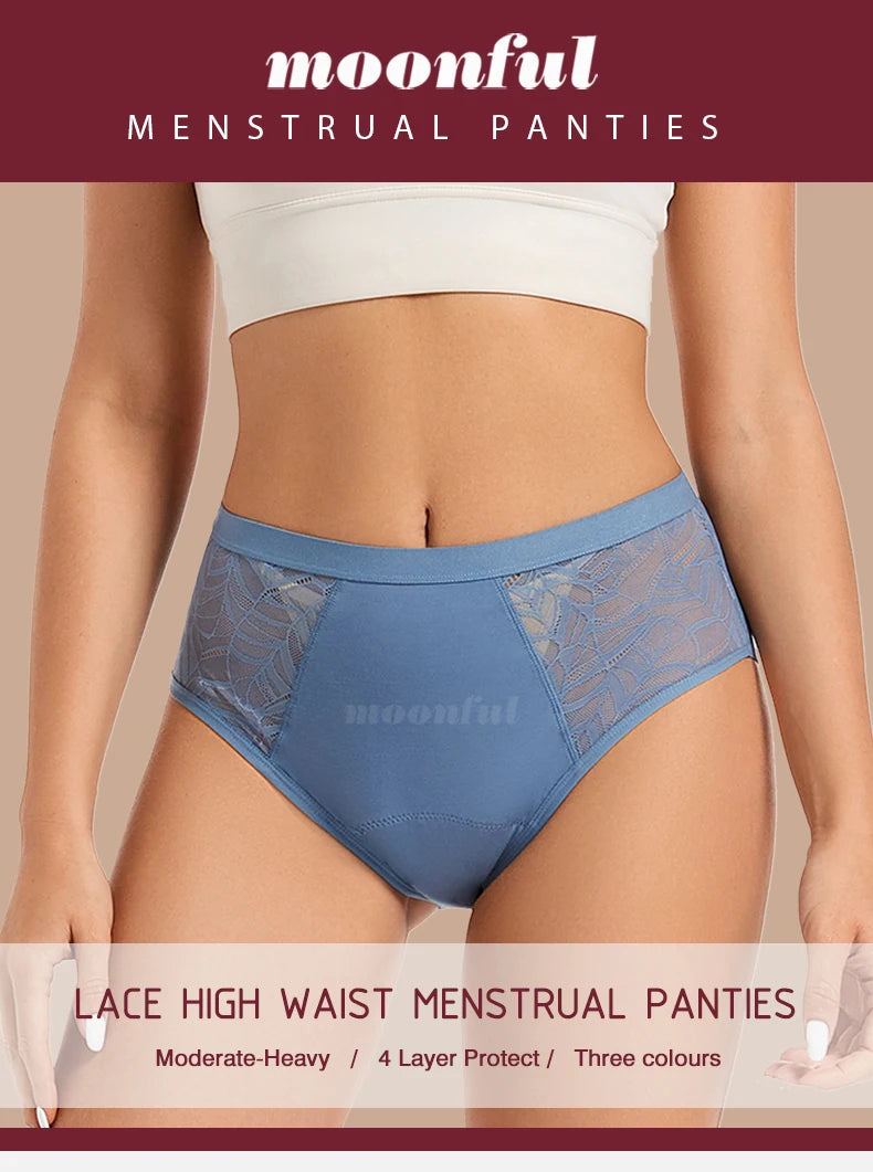 Moonful Women's Menstrual Panties High Waist Leak Proof 4 Layer Breathable Lace Period Underwear Girls Absorbent Brief