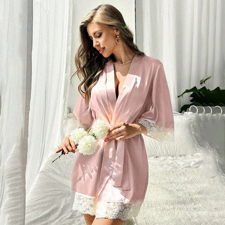 2025 New Ladies Elegant Satin Robe Lace Trim Kimono Short Sleepwear Nightgown V Neck Belted Bridal Loungewear Bridesmaid Gift