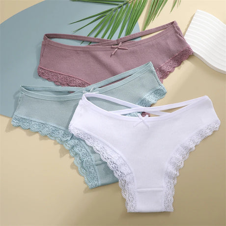 2PCS Cotton Panties for Women Sexy Lace Brazilian Briefs Female Low-Waist Cross Webbing Underpants Stretch Breathable Intimates
