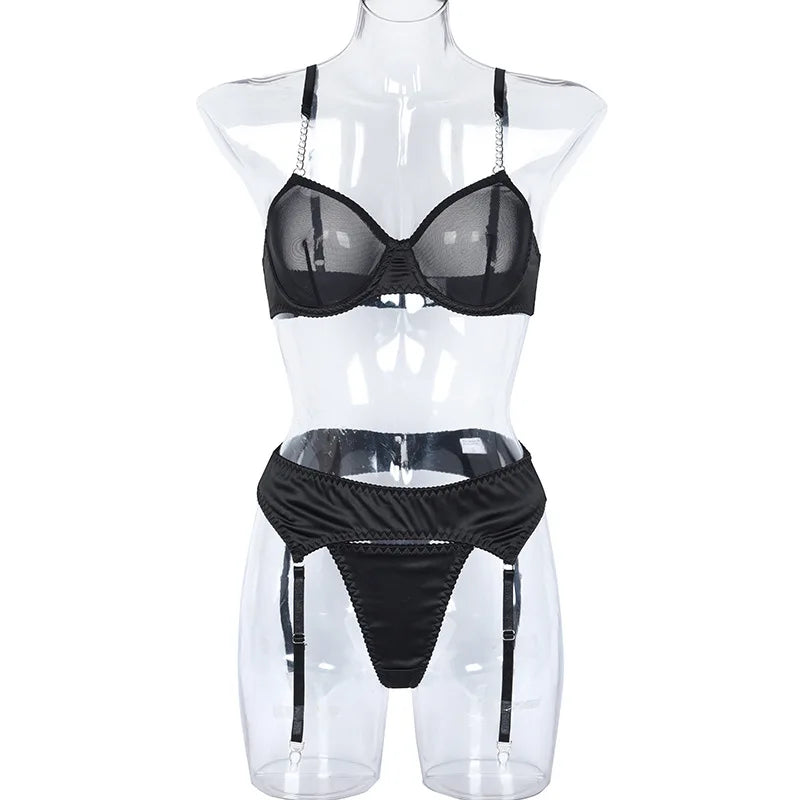 Yimunancy Transparent Bra Underwear Set Women Basic Erotic Sexy Garter Kit Chain Lingerie Set