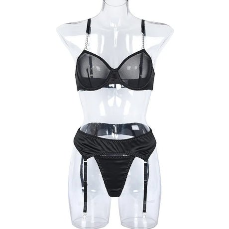 Yimunancy Transparent Bra Underwear Set Women Basic Erotic Sexy Garter Kit Chain Lingerie Set