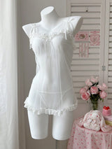 Ellolace Romantic Women's Casual Dresses Tempted Solid Sheer Cute Dress Thong 2PC Set Innocent Bownkow Decor Ruffled Sleepwear