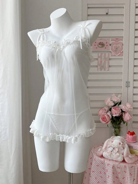 Ellolace Romantic Women's Casual Dresses Tempted Solid Sheer Cute Dress Thong 2PC Set Innocent Bownkow Decor Ruffled Sleepwear