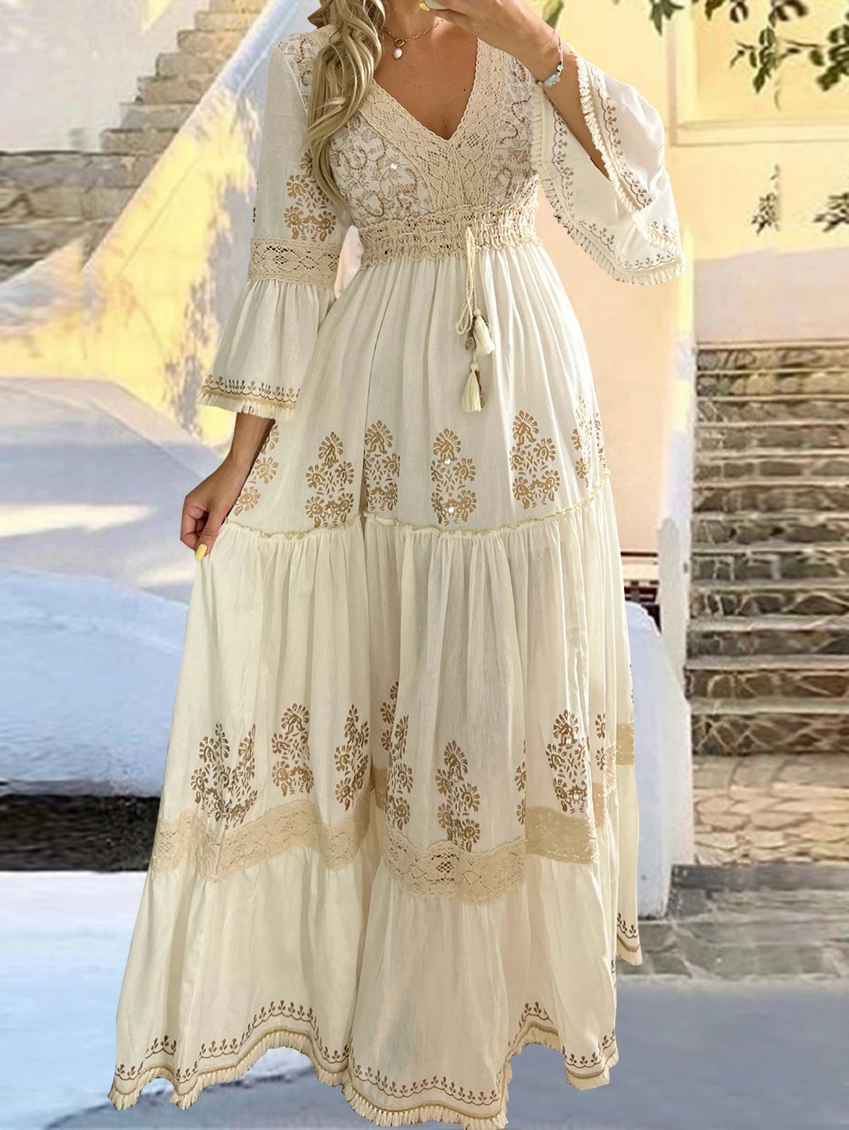 Mesh Lace Spliced Elegant Women Casual Dress Crew Neck Long Bell Sleeve Slim Vintage Boho Dress Vacation Maxi Dresses Vestidos