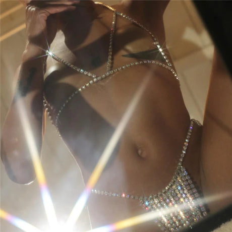 Shiny Rhinestone Simple Underwear Bra and Thong Set Women's Sexy Crystal Body Chain Lingerie Bikini Body Jewelry Accessories