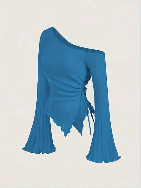 New Women'S Sexy Off Shoulder Cross Long Sleeved Slim T-Shirt Casual Street Style Asymmetrical Elegant T-Shirt Flare Sleeve Top