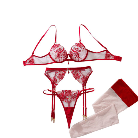 New gemstone accessory perspective floral embroidery shaping sexy lingerie split set with leg socks set