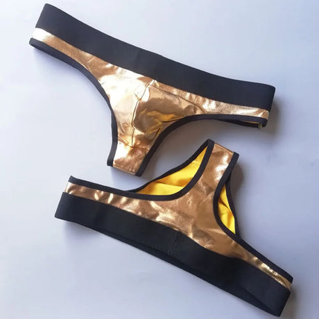 1pc Men Lacquer Leather Sexy Thong Nightclub  Gay Sissy Breathable Pouch Underwear Underpants High Stretch Panties G-String