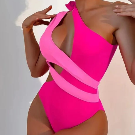 Sexy Swimwear Women Color Block Hollow Out Design One Shoulder Bikini Bodysuit Summer Beach Vacation High Cut One Piece Swimsuit