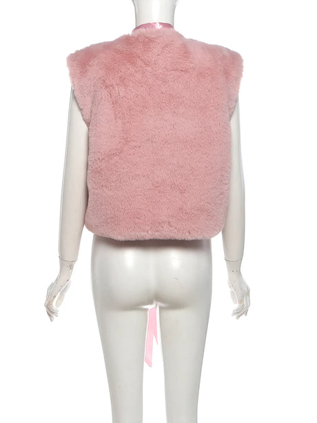 Cutenew Elegant Tank Tops Woman Autumn Trend Furry Comfortable o-Neck Bow Decoration Sweet Girl Street Fashion Y2K Style Vest