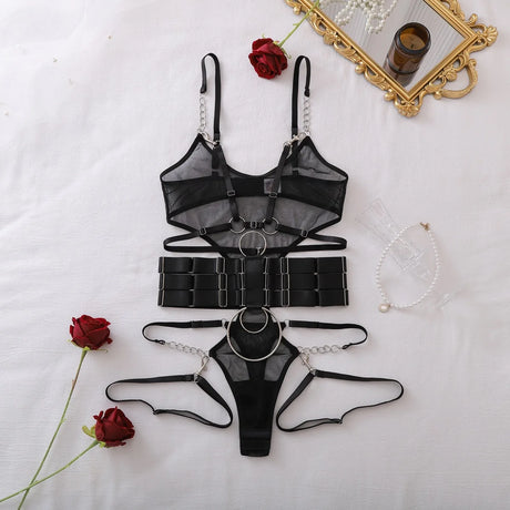 Edgy Cutout Sheer Mesh Lingerie  Statement-Making Bondage Belt Bodysuit Set Adult Shapewear Collection  LG-0068