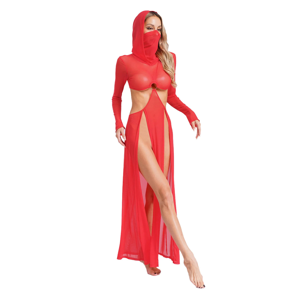 Women Wet Look Mesh Maxi Dress with Hooded Cosplay Sexy High Slit Lingerie Face Mask Long Sleeves Hollow Out Sheer Nightdress