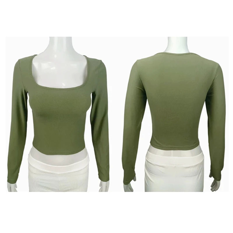 Long Sleeve T-shirt Slim Tops Sexy Woman Clothing Square-Cut Collar Close-fitting Tee Shirt Street Wear Fall 2025 New 2523