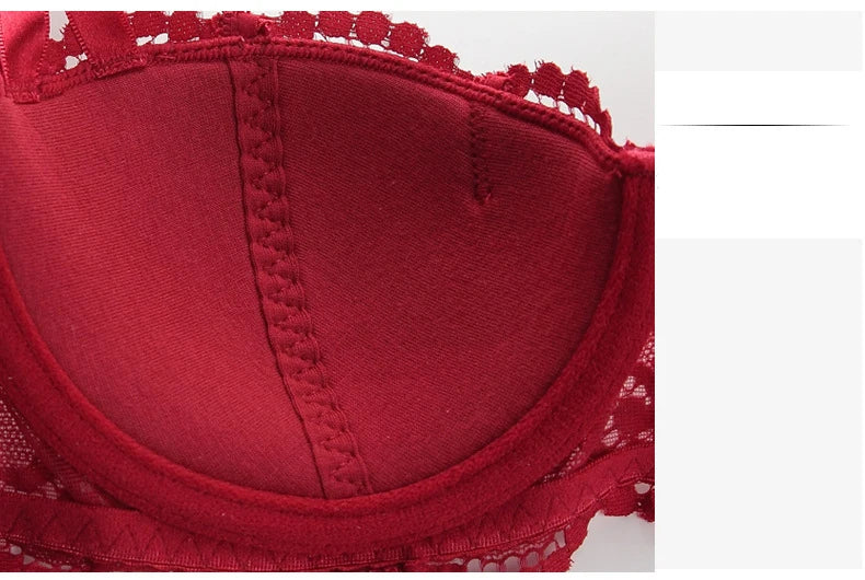 French Red 1/2 Cup Sexy Bra Set Lace Flowers Embroidery Women Underwear Push Up Brassiere and Panties Garter 3 Pieces Sets