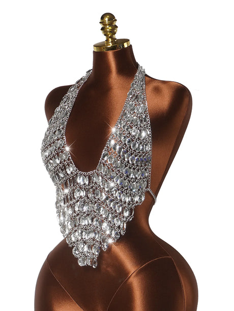 Women Sexy Backless Shine Diamond Body Chain Exotic Tanks Novelty Hollow Out Chest Chains Decor Bustier Tops Nightbar Clubwear