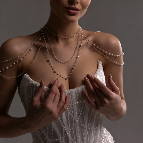 Elegant Round Pearl Shoulder Chain Necklace Wedding Accessories Statement Multilayer Bridal Body Jewelry Dress for Women Gift