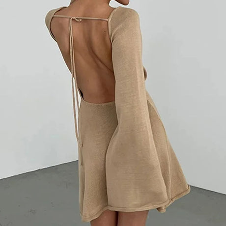 New sexy Backless Round Collar Cover-Ups Solid Color Knit Beachwear Stylish Horn Sleeve Beach suit Female Holiday wrap Dress
