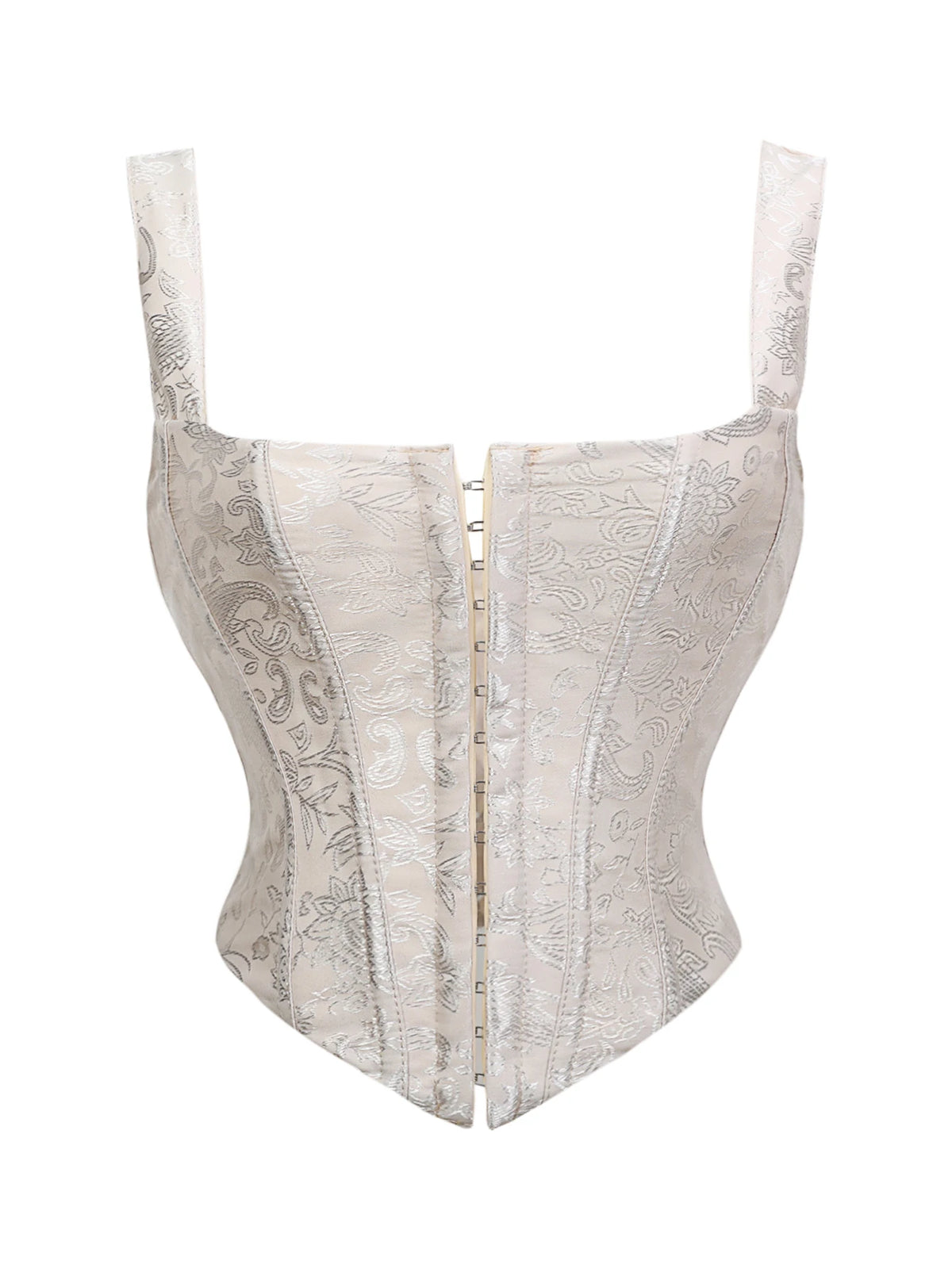 Floral Jacquard Wide Strap Corset Top Front Hook Back Lace Up Square Neck For Women