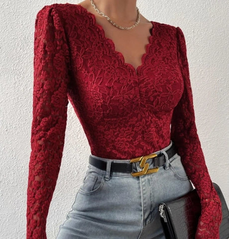 Sexy Mesh Lace Bodysuit  Fashion Long Sleeve V-neck One Piece Basic Hotsweet Women Print Gothic Slim  Streetwear Jumpsuit Ins