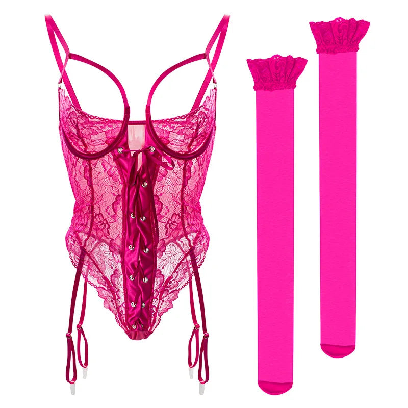 European and American Sexy See-through Dress Mesh Lace Garter Side One-Piece Underwear Women's Sexy Tight Jumpsuit Two-Piece Set