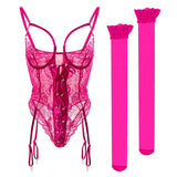 European and American Sexy See-through Dress Mesh Lace Garter Side One-Piece Underwear Women's Sexy Tight Jumpsuit Two-Piece Set