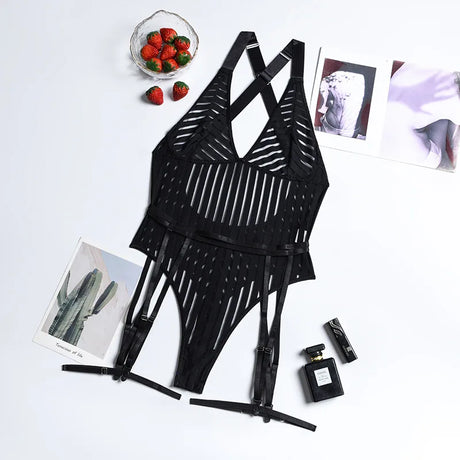 Diccvicc Women Mesh Bodysuit See Through V Neck Sexy Underwear Black Intimate Lingerie Exotic Apparel Backless Fishnet Teddies
